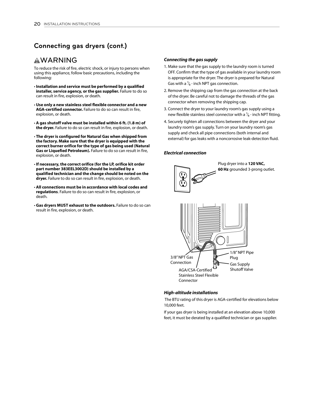 LG Electronics DLE1101W, DLG1102W owner manual Connecting the gas supply, Electrical connection, High-altitude installations 