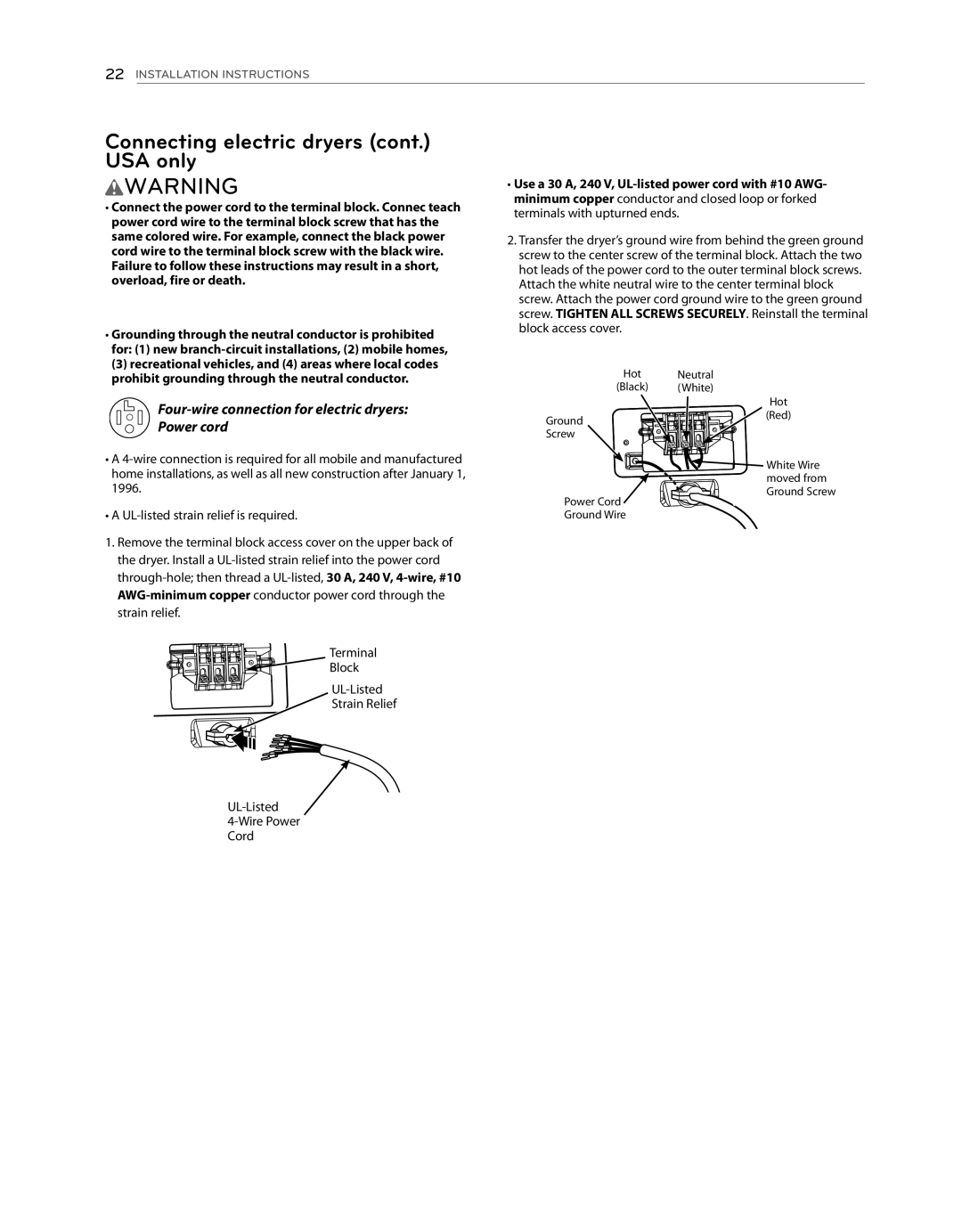 LG Electronics DLE1101W Connecting electric dryers cont. USA only, Four-wire connection for electric dryers Power cord 