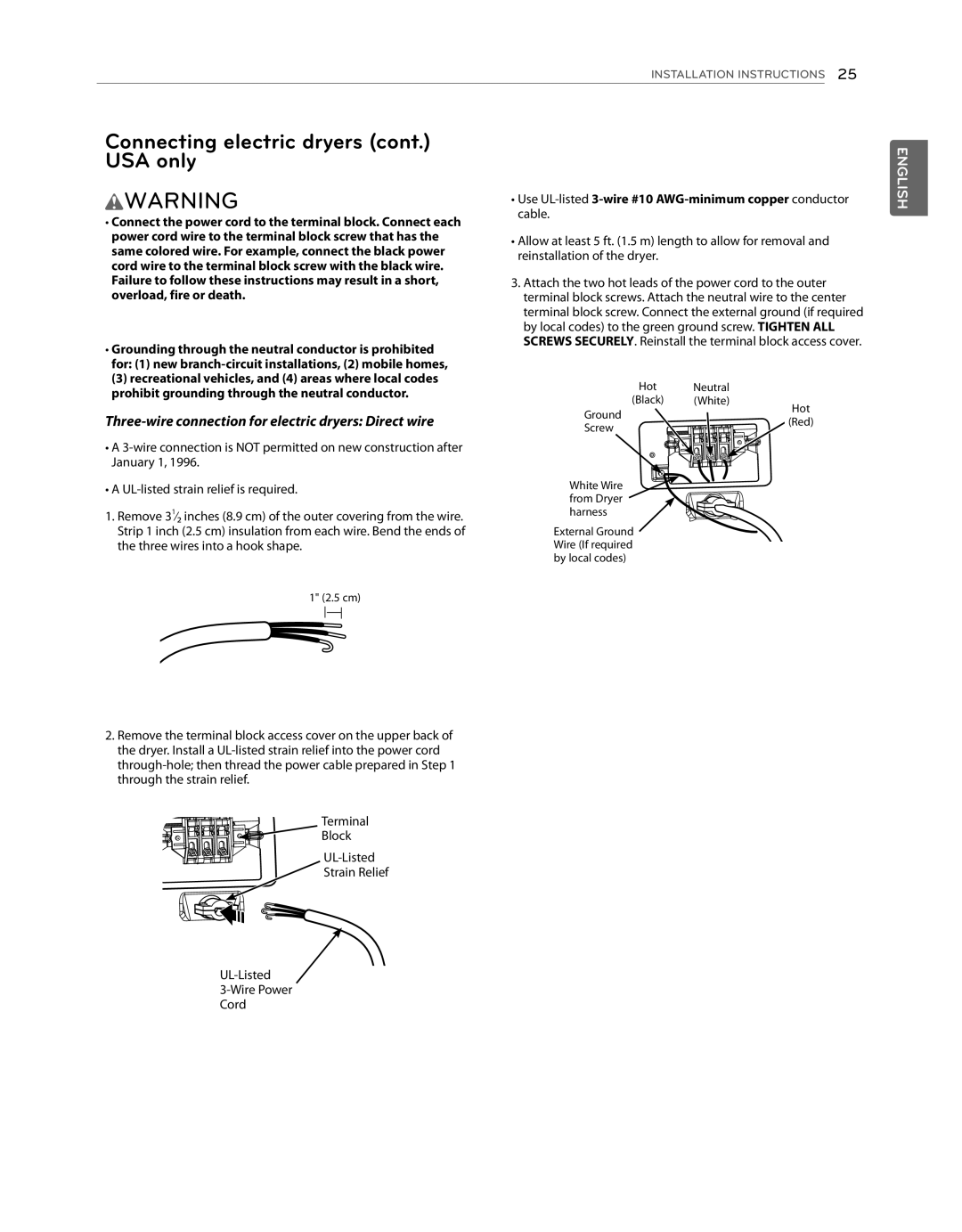 LG Electronics DLG1102W, DLE1101W owner manual Three-wire connection for electric dryers Direct wire 