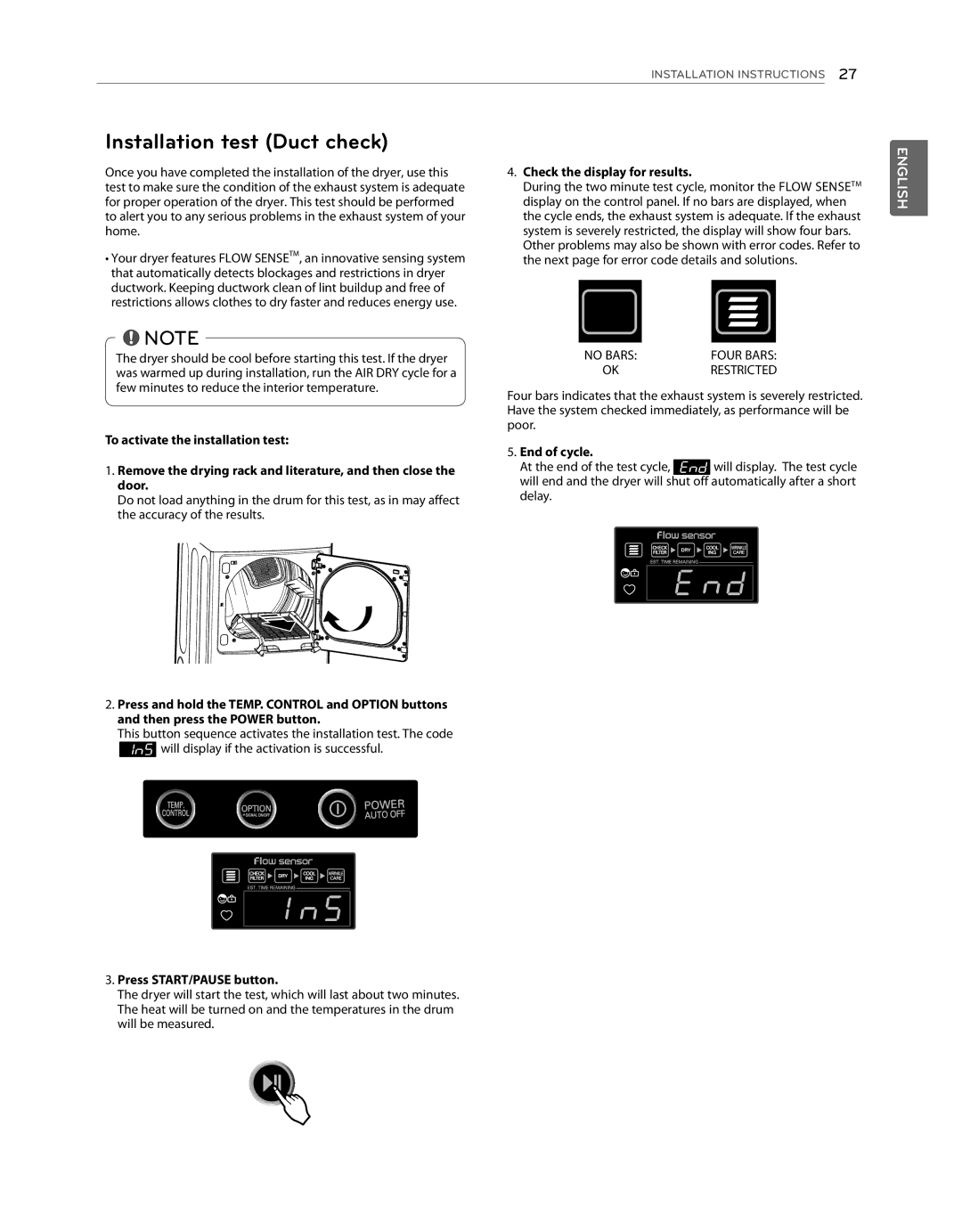 LG Electronics DLG1102W, DLE1101W owner manual Installation test Duct check, Check the display for results, End of cycle 