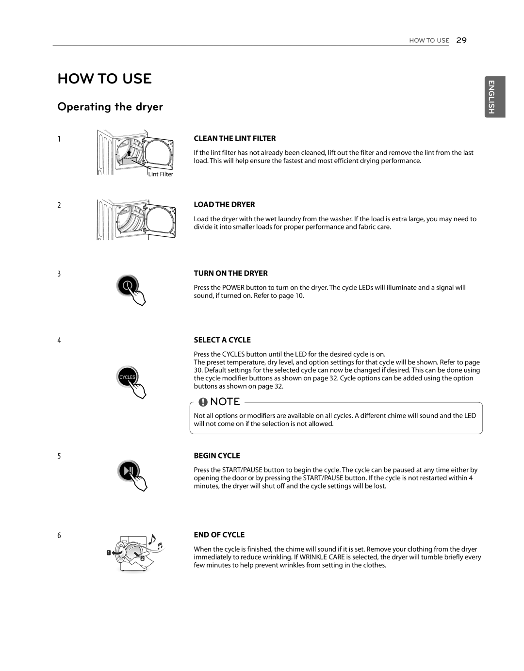 LG Electronics DLG1102W, DLE1101W owner manual Operating the dryer, 3TURN on the Dryer, Select a Cycle, Begin Cycle 