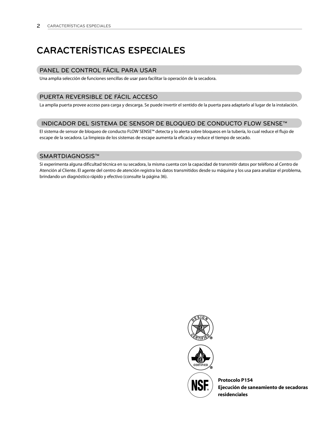 LG Electronics DLE1101W, DLG1102W owner manual Características Especiales, Panel DE Control Fácil Para Usar 