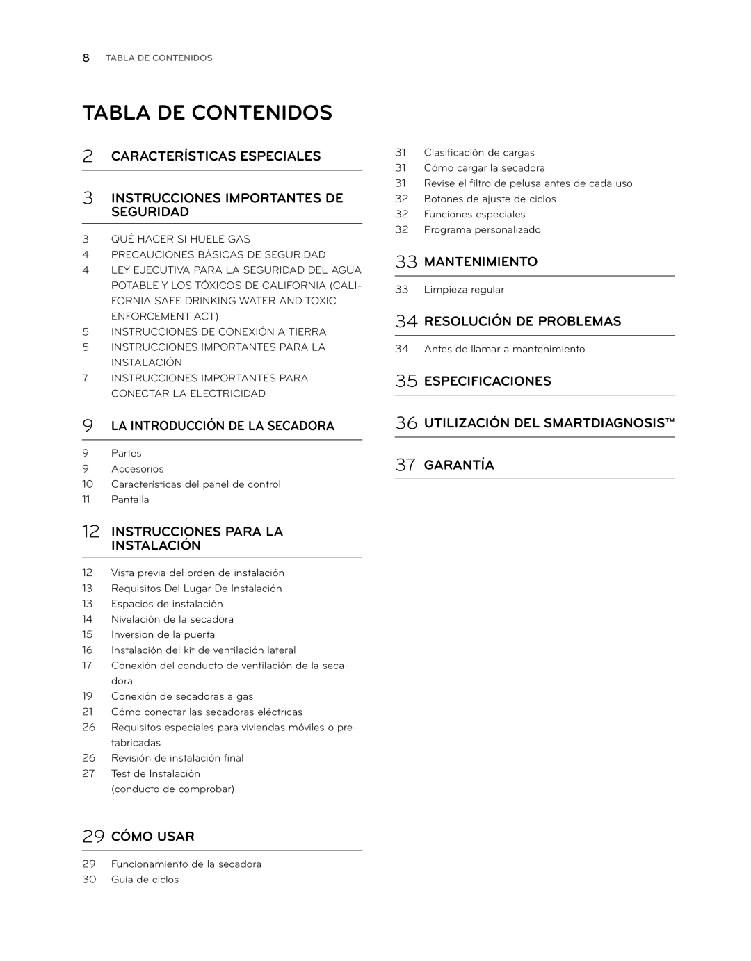 LG Electronics DLE1101W, DLG1102W owner manual Tabla de contenidos 