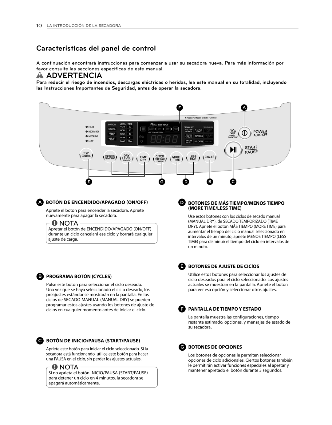 LG Electronics DLE1101W Características del panel de control, Botones DE MÁS TIEMPO/MENOS Tiempo More TIME/LESS Time 