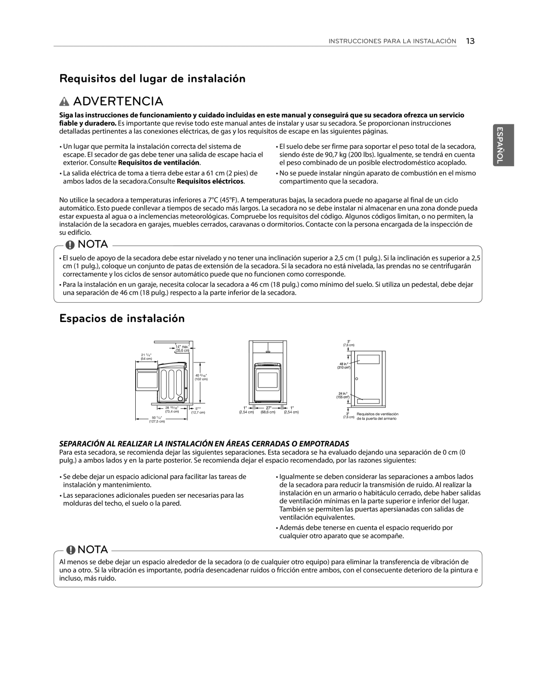 LG Electronics DLG1102W, DLE1101W owner manual Requisitos del lugar de instalación, Espacios de instalación 