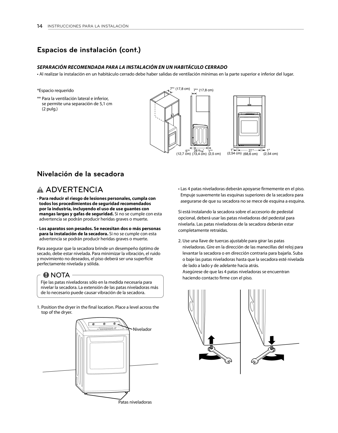 LG Electronics DLE1101W, DLG1102W owner manual Nivelación de la secadora 