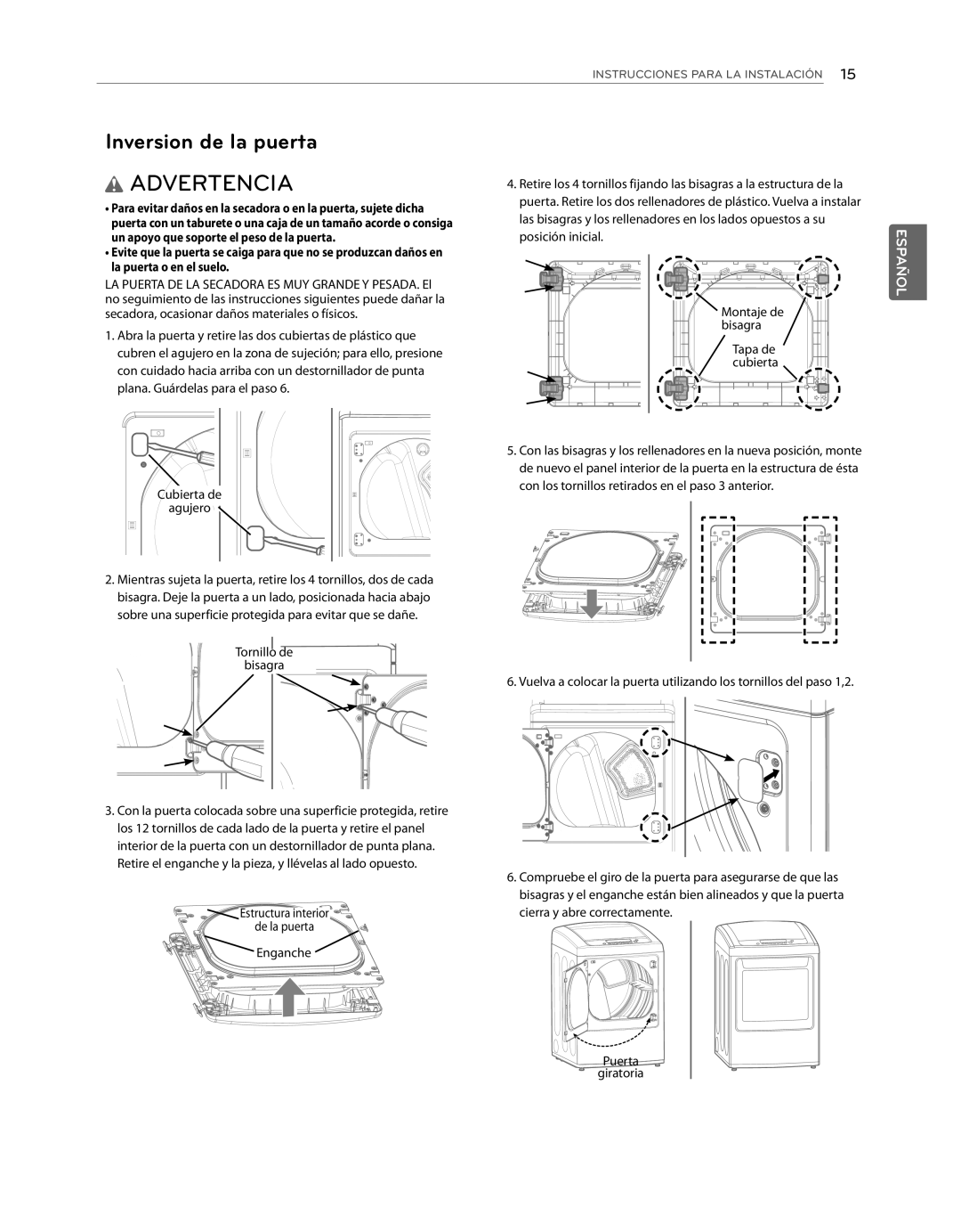 LG Electronics DLG1102W, DLE1101W owner manual Inversion de la puerta 