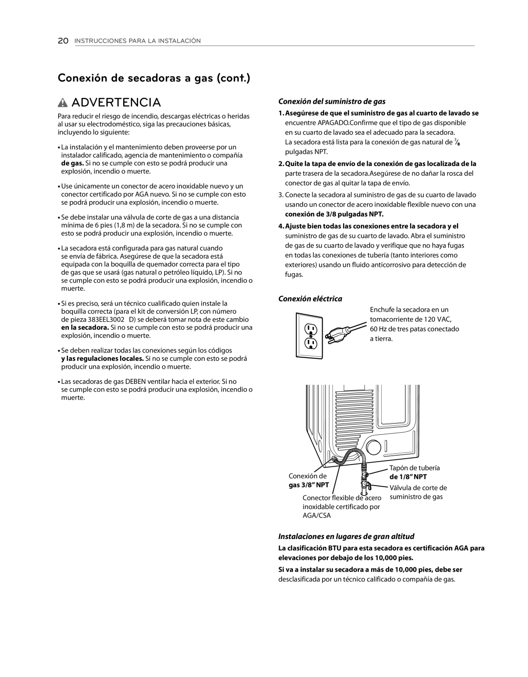 LG Electronics DLE1101W Conexión del suministro de gas, Conexión eléctrica, Instalaciones en lugares de gran altitud 