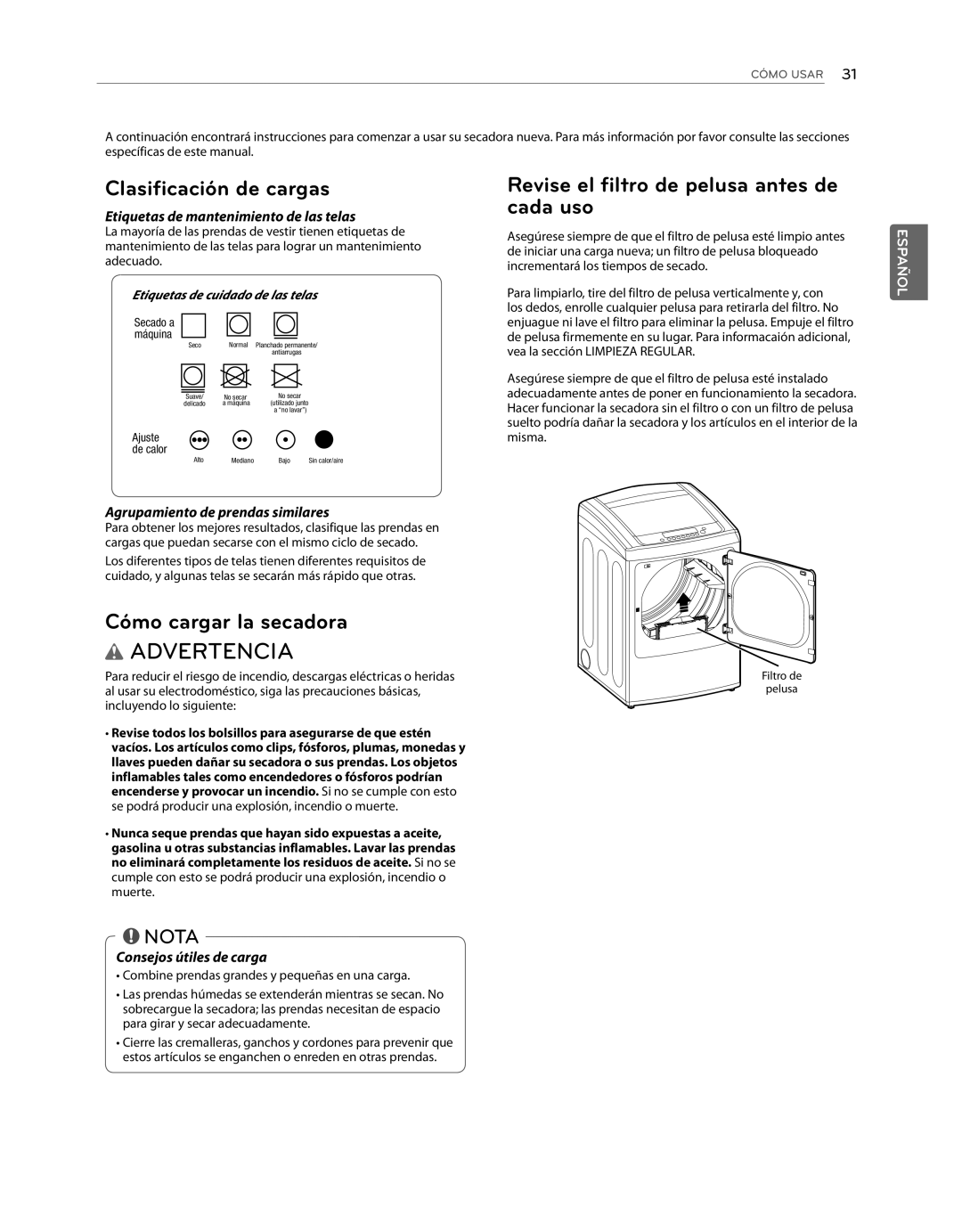 LG Electronics DLG1102W Clasificación de cargas, Revise el filtro de pelusa antes de cada uso, Cómo cargar la secadora 