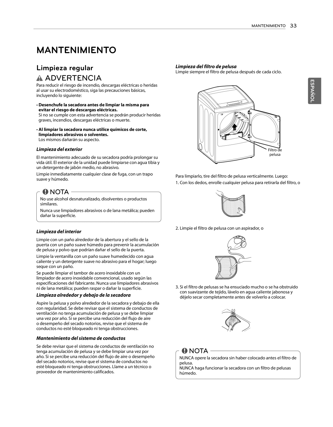 LG Electronics DLG1102W, DLE1101W owner manual Mantenimiento, Limpieza regular 