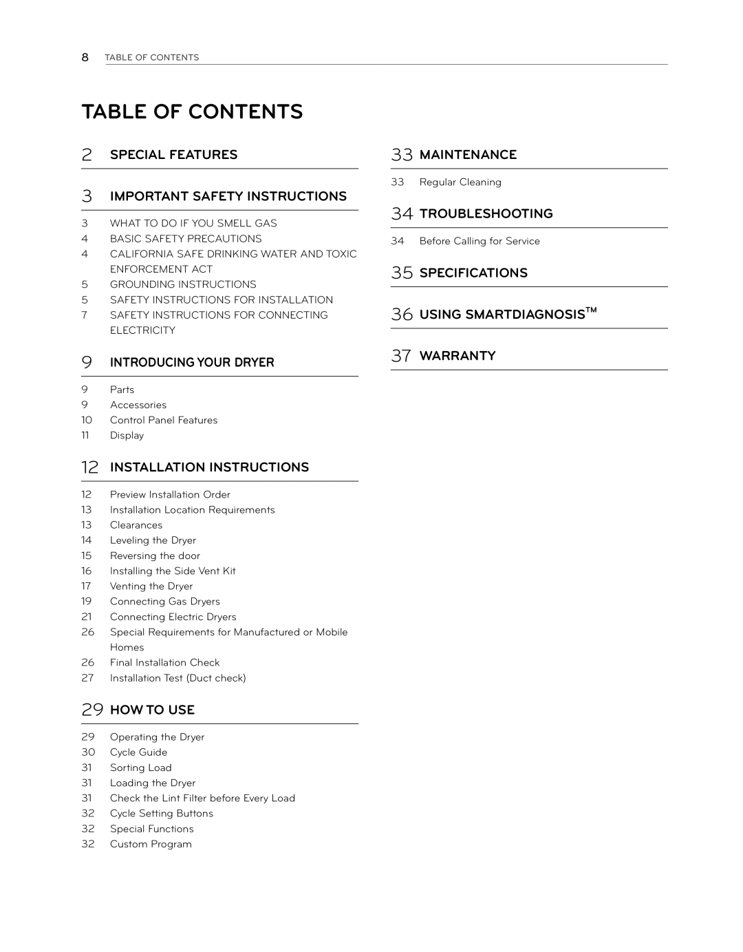 LG Electronics DLE1101W, DLG1102W owner manual Table of Contents 