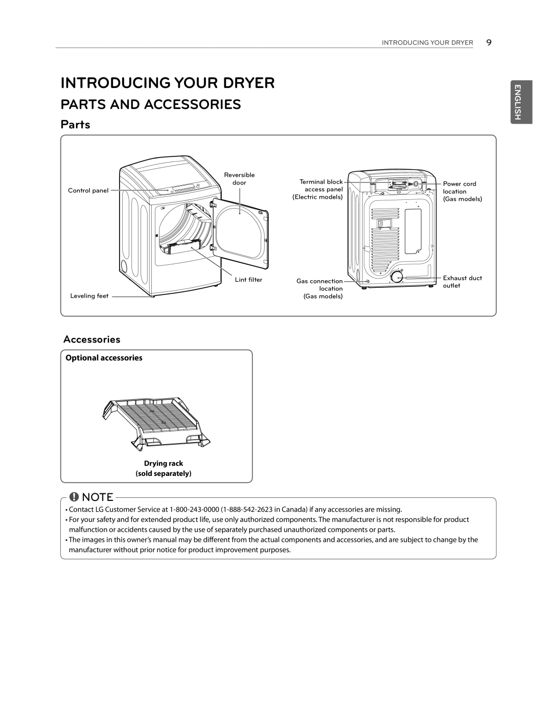 LG Electronics DLG1102W, DLE1101W Introducing Your Dryer, Parts, Optional accessories, Drying rack Sold separately 