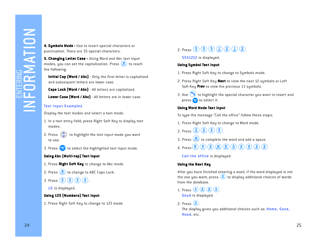 LG Electronics DM L200 manual Using Abc Multi-tap Tex t Input, Using 123 Numbers Tex t Input, Using Symbol Tex t Input 