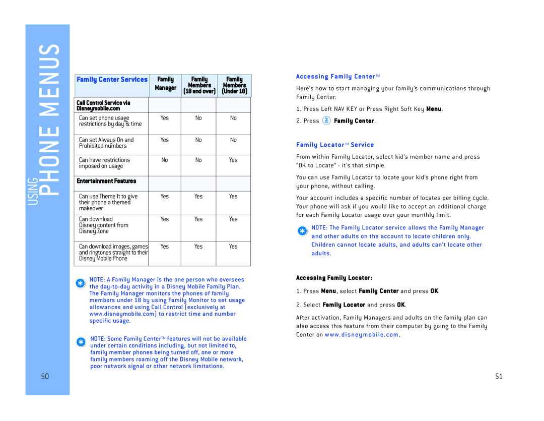 LG Electronics DM L200 manual Disneymobile.com, Accessing Family Center TM, Press Family Center, Family Locator TM Service 