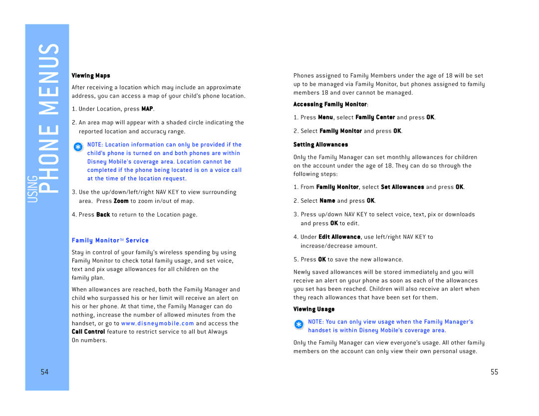 LG Electronics DM L200 manual Viewing Maps, Accessing Family Monitor, Setting Allowances, Viewing Usage 