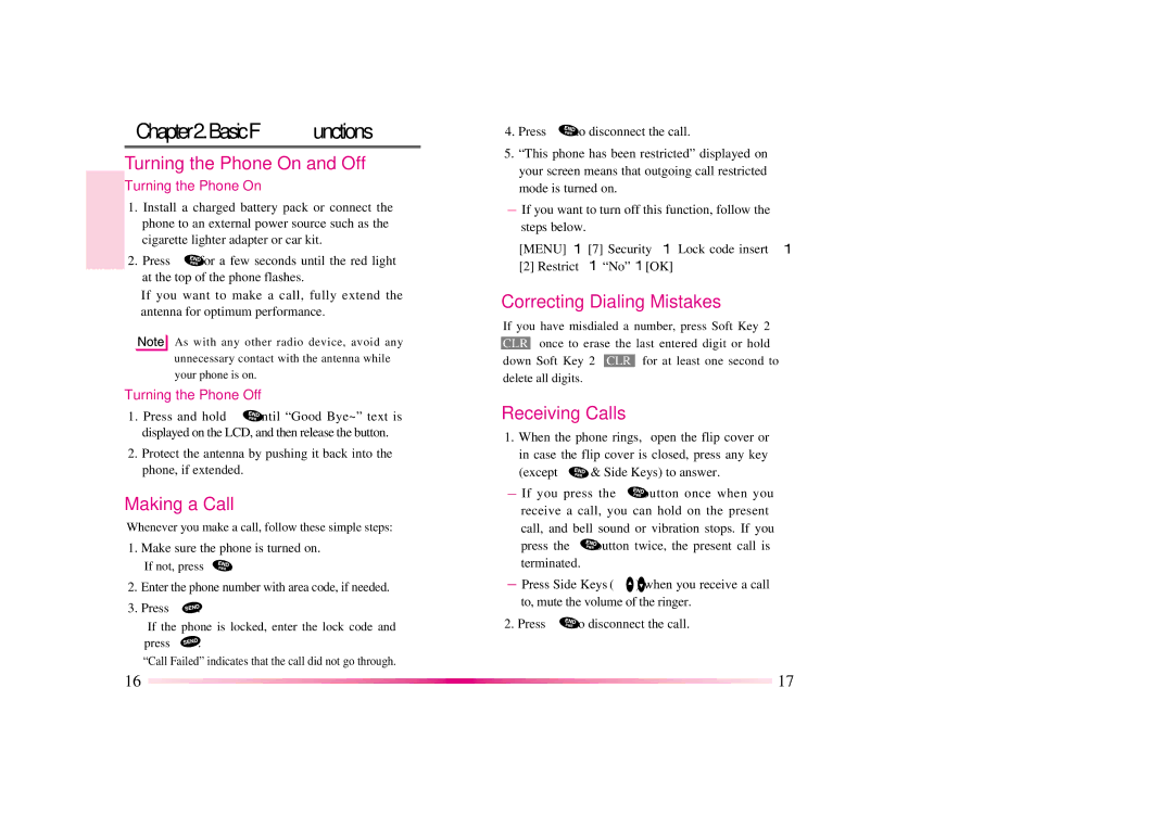 LG Electronics DM110 manual Basic Functions, Turning the Phone On and Off, Making a Call, Correcting Dialing Mistakes 