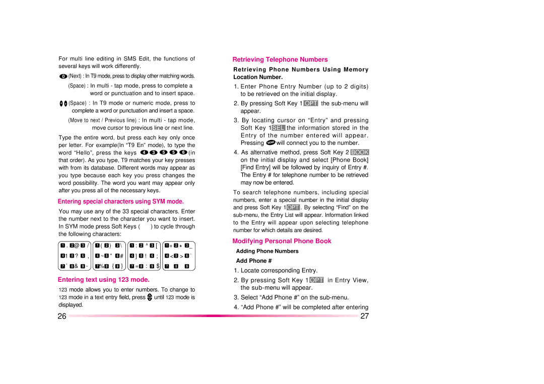 LG Electronics DM110 manual Entering text using 123 mode, Retrieving Telephone Numbers, Modifying Personal Phone Book 