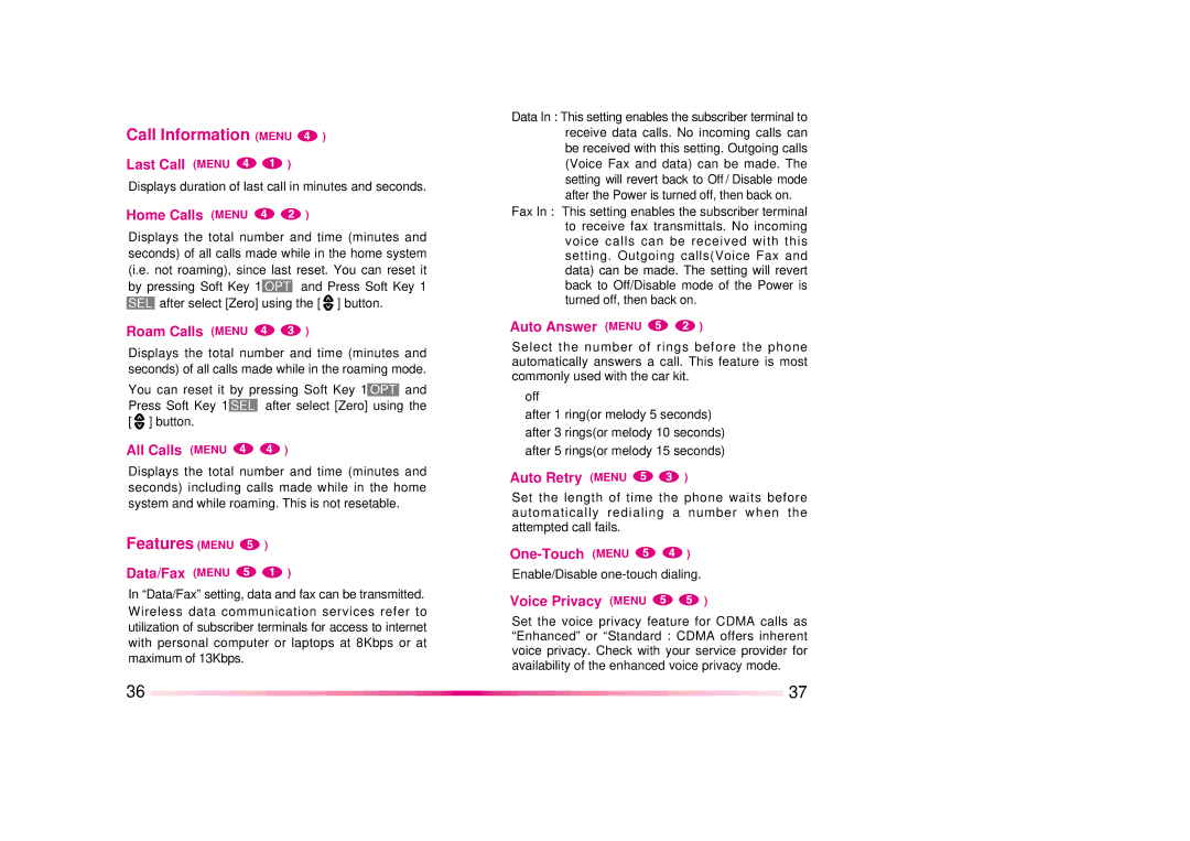 LG Electronics DM110 manual Call Information Menu, Features Menu 