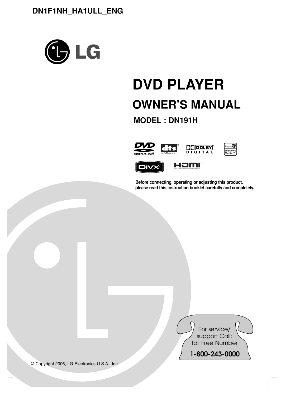 LG Electronics DN191H owner manual DVD Player 