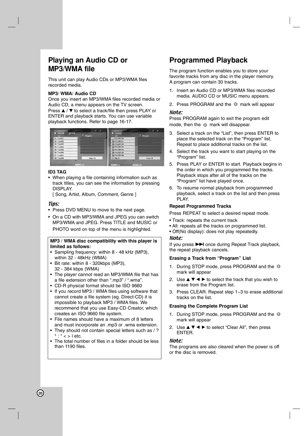 LG Electronics DN191H owner manual Playing an Audio CD or MP3/WMA file, Programmed Playback 