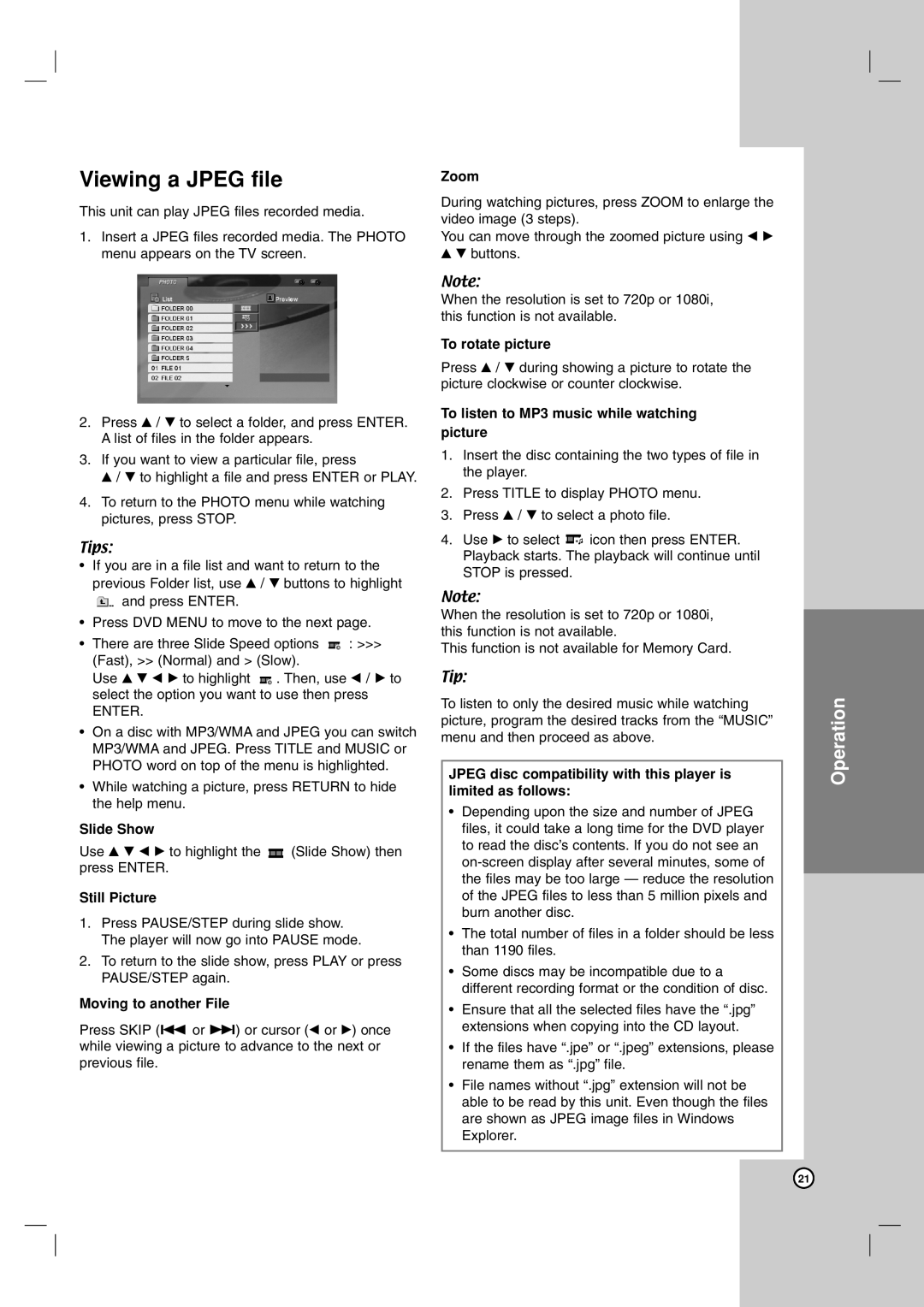 LG Electronics DN191H owner manual Viewing a Jpeg file 