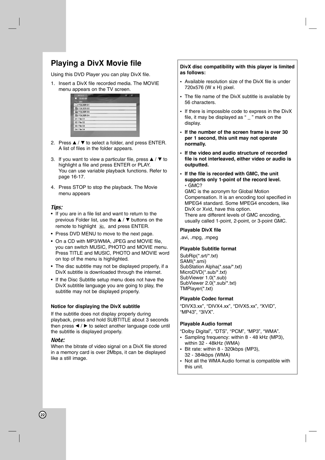 LG Electronics DN191H Playing a DivX Movie file, Playable DivX file, Playable Subtitle format, Playable Codec format 