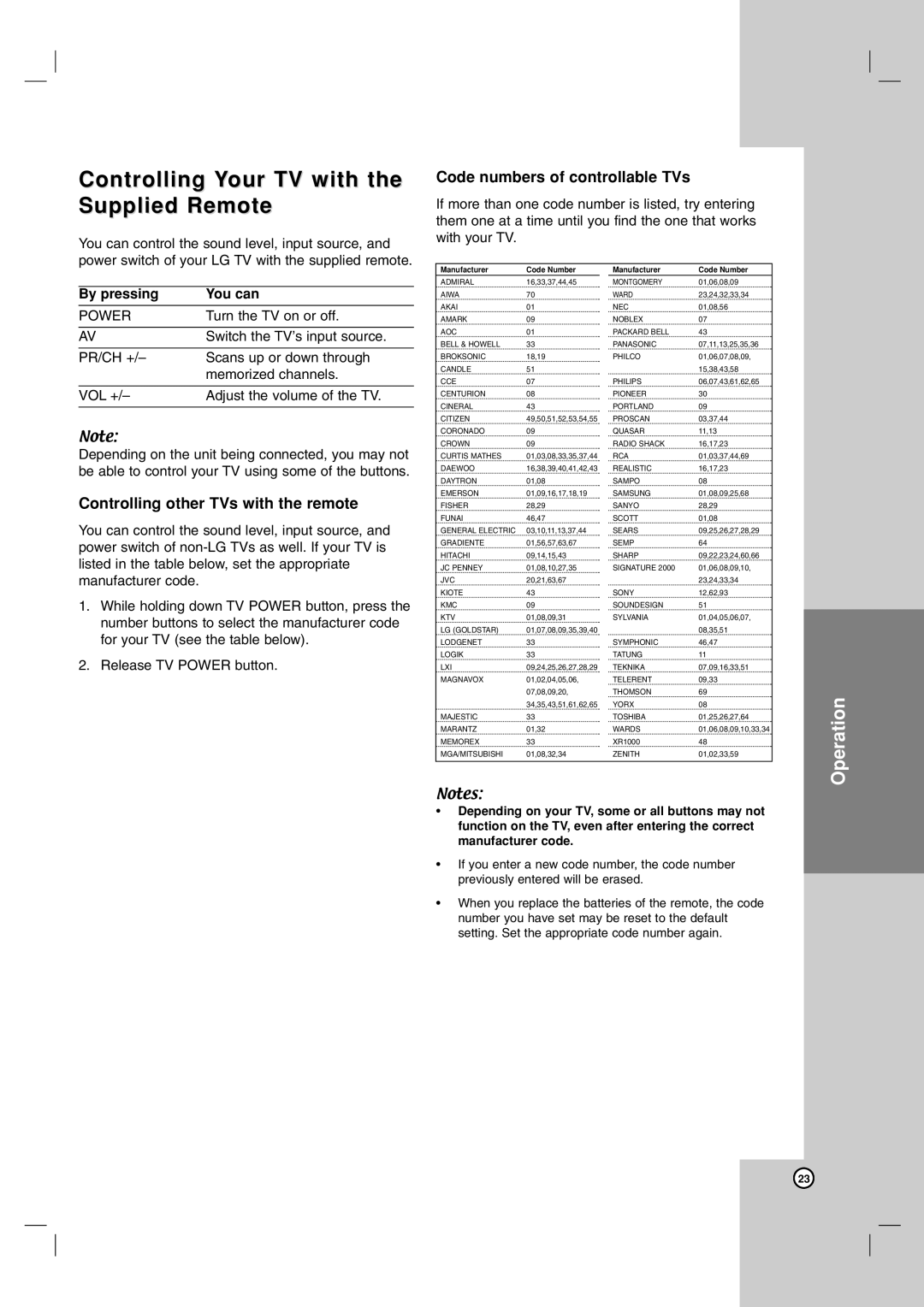 LG Electronics DN191H owner manual Controlling Your TV with the Supplied Remote, Controlling other TVs with the remote 