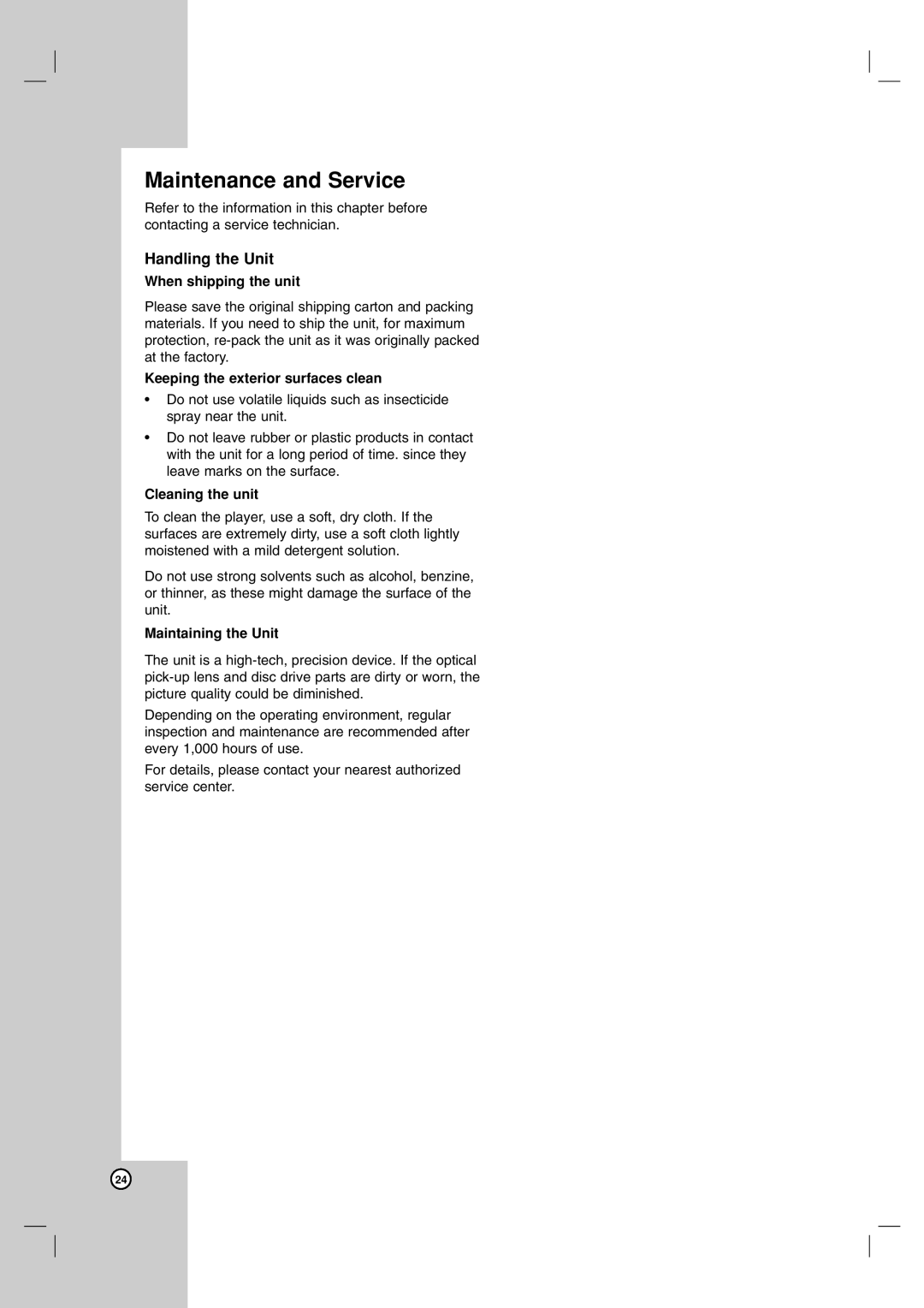 LG Electronics DN191H owner manual Maintenance and Service, Handling the Unit 