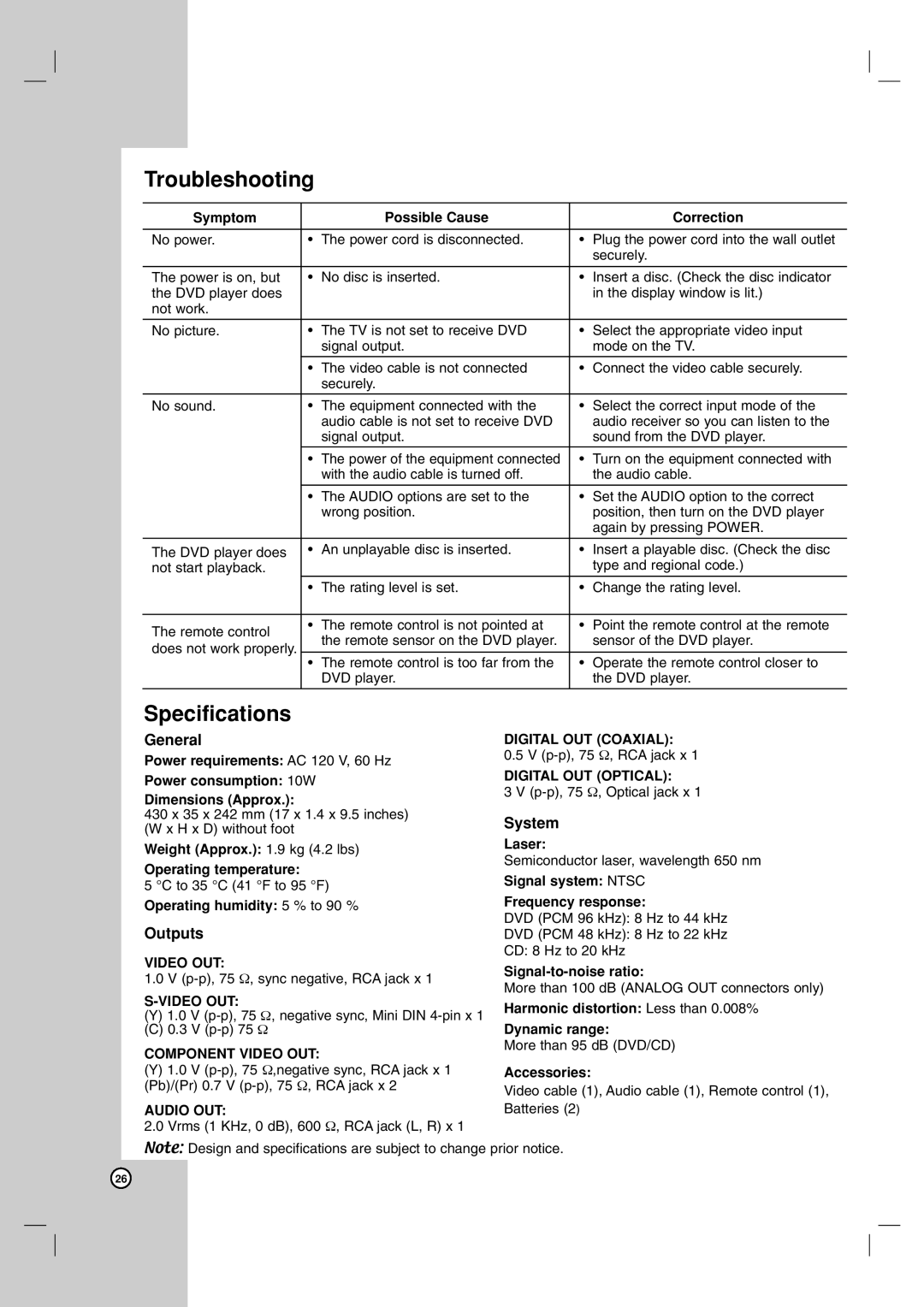 LG Electronics DN191H owner manual Troubleshooting, Specifications, General, Outputs, System 