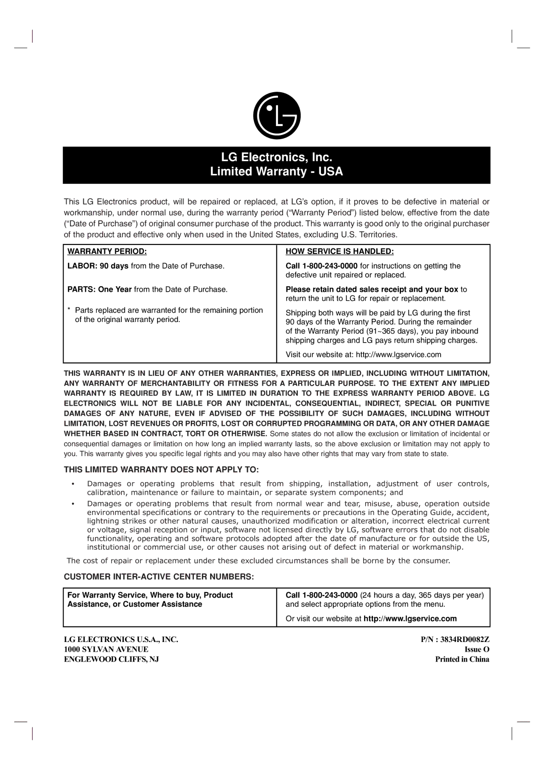 LG Electronics DN191H owner manual LG Electronics, Inc Limited Warranty USA 