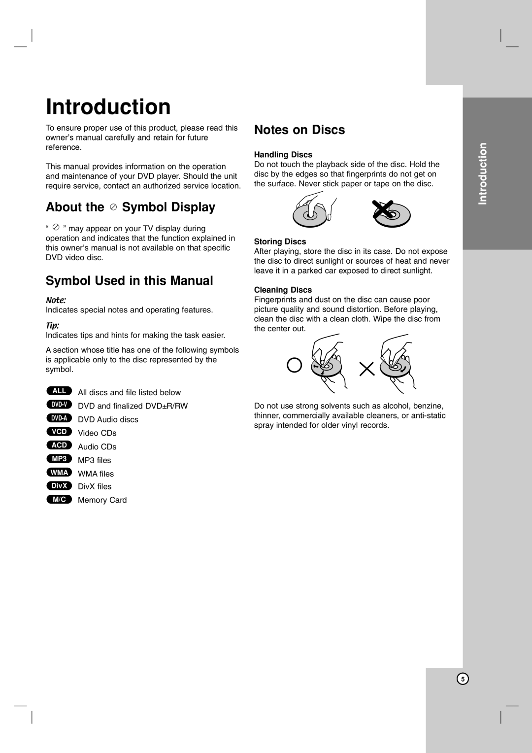 LG Electronics DN191H About the Symbol Display Symbol Used in this Manual, Handling Discs, Storing Discs, Cleaning Discs 