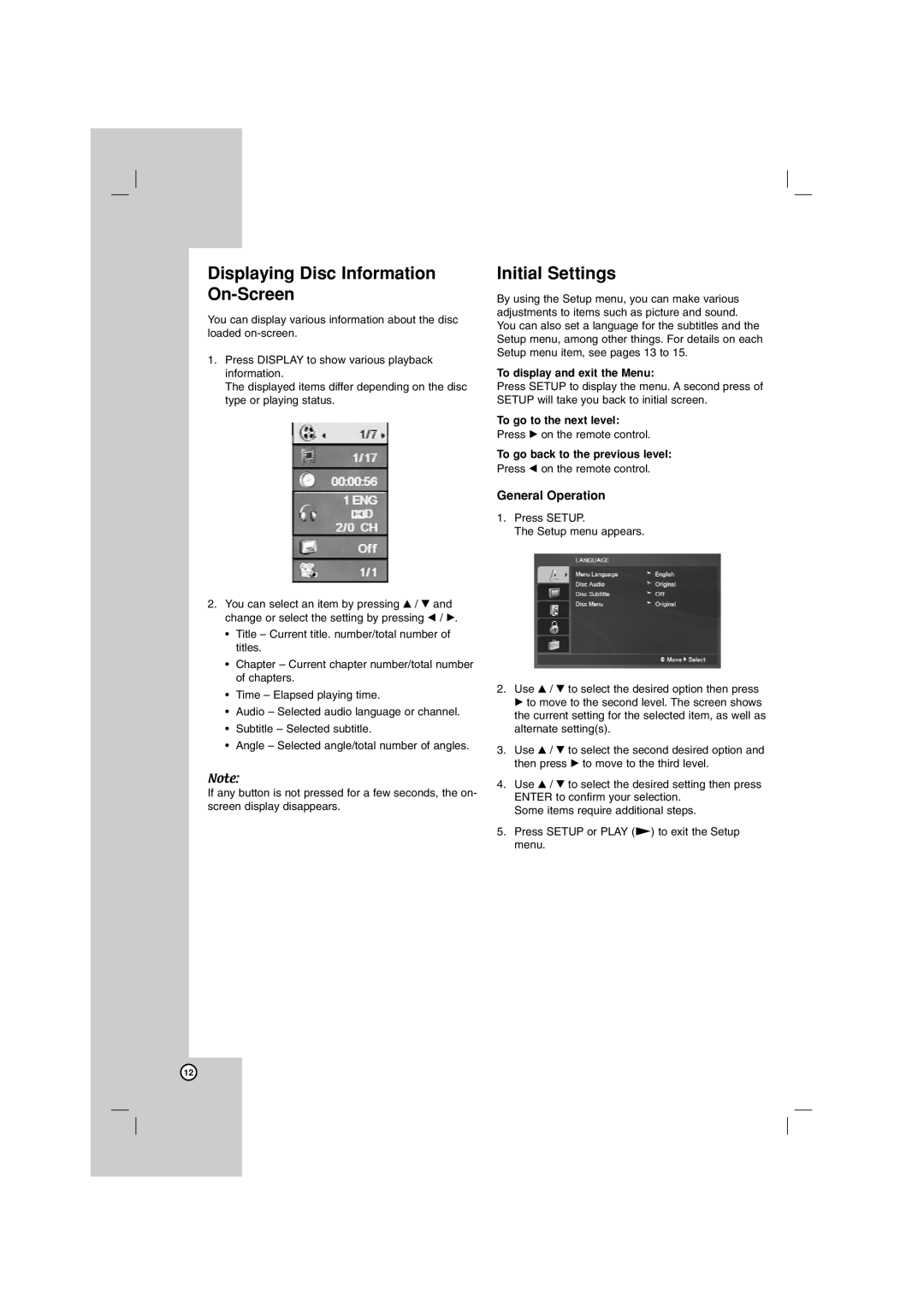 LG Electronics DN788 owner manual Displaying Disc Information On-Screen, Initial Settings, General Operation 