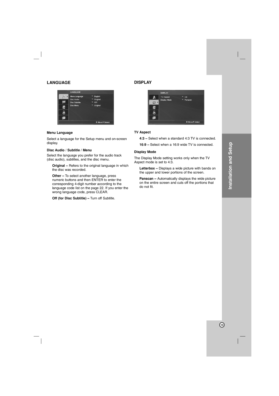 LG Electronics DN788 owner manual Menu Language, Select a language for the Setup menu and on-screen display, Display Mode 