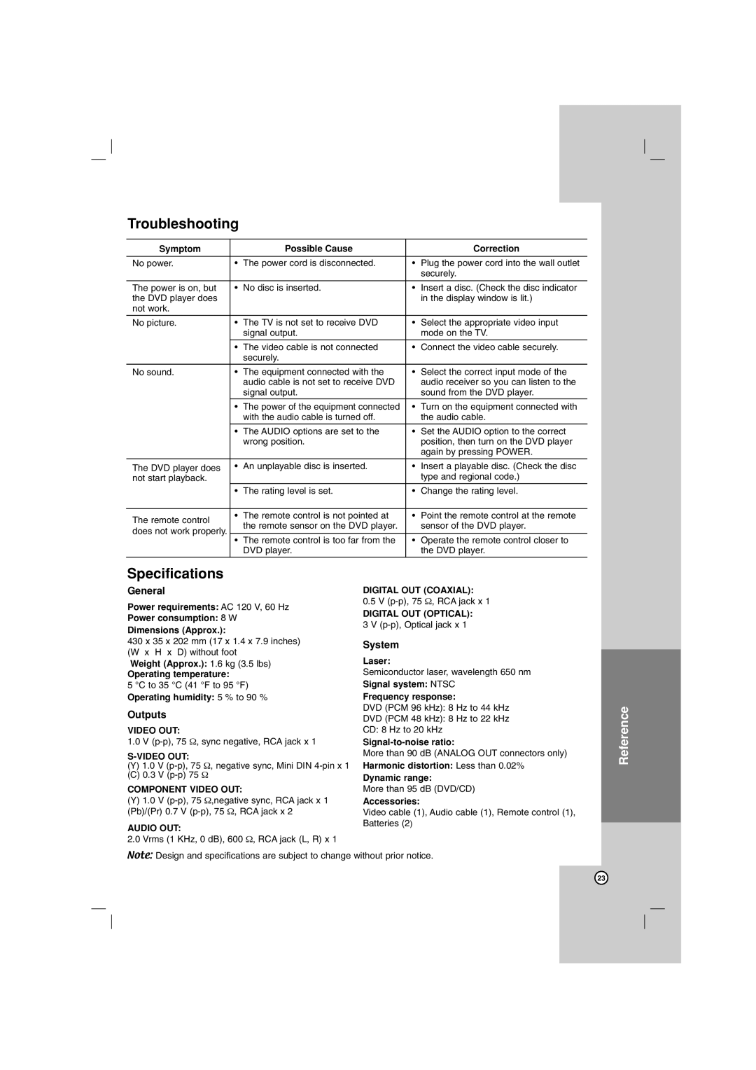 LG Electronics DN788 owner manual Troubleshooting, Specifications, General, Outputs, System 