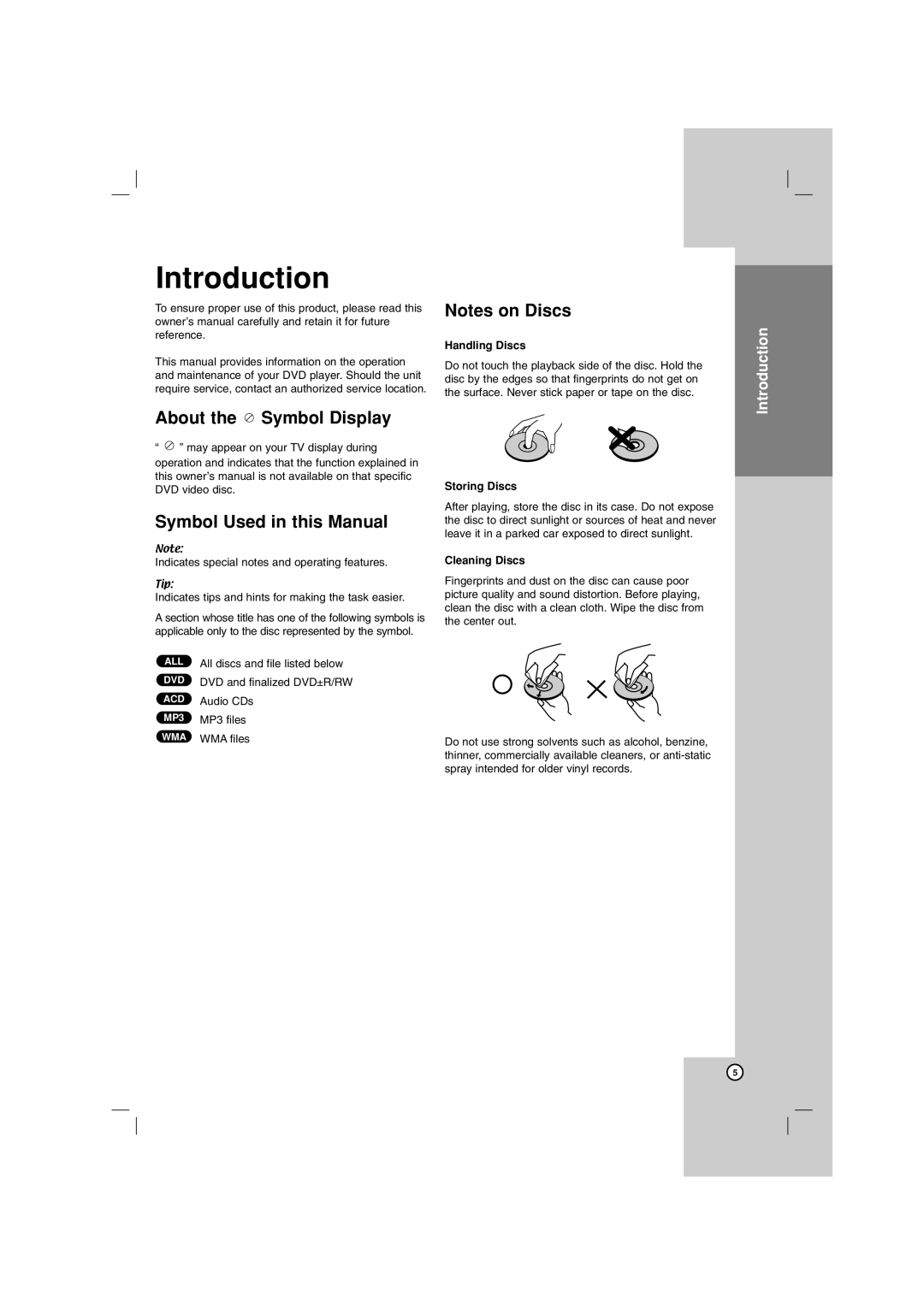 LG Electronics DN788 Introduction, About the Symbol Display Symbol Used in this Manual, Handling Discs, Storing Discs 