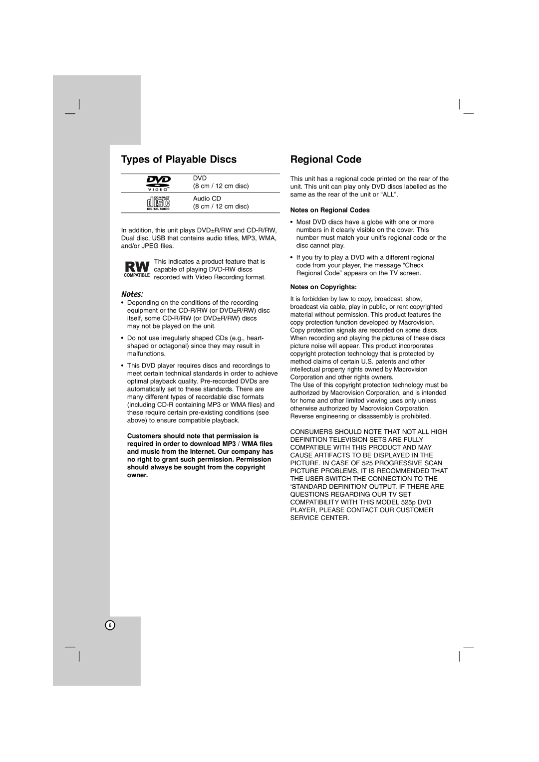 LG Electronics DN788 owner manual Types of Playable Discs, Regional Code 