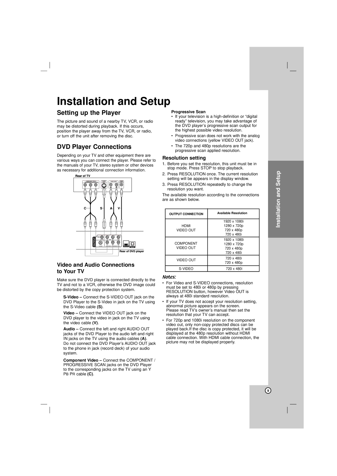 LG Electronics DN788 owner manual Installation and Setup, Setting up the Player, DVD Player Connections, Progressive Scan 