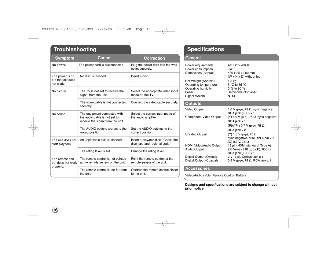 LG Electronics DN898 manual Troubleshooting, Specifications 