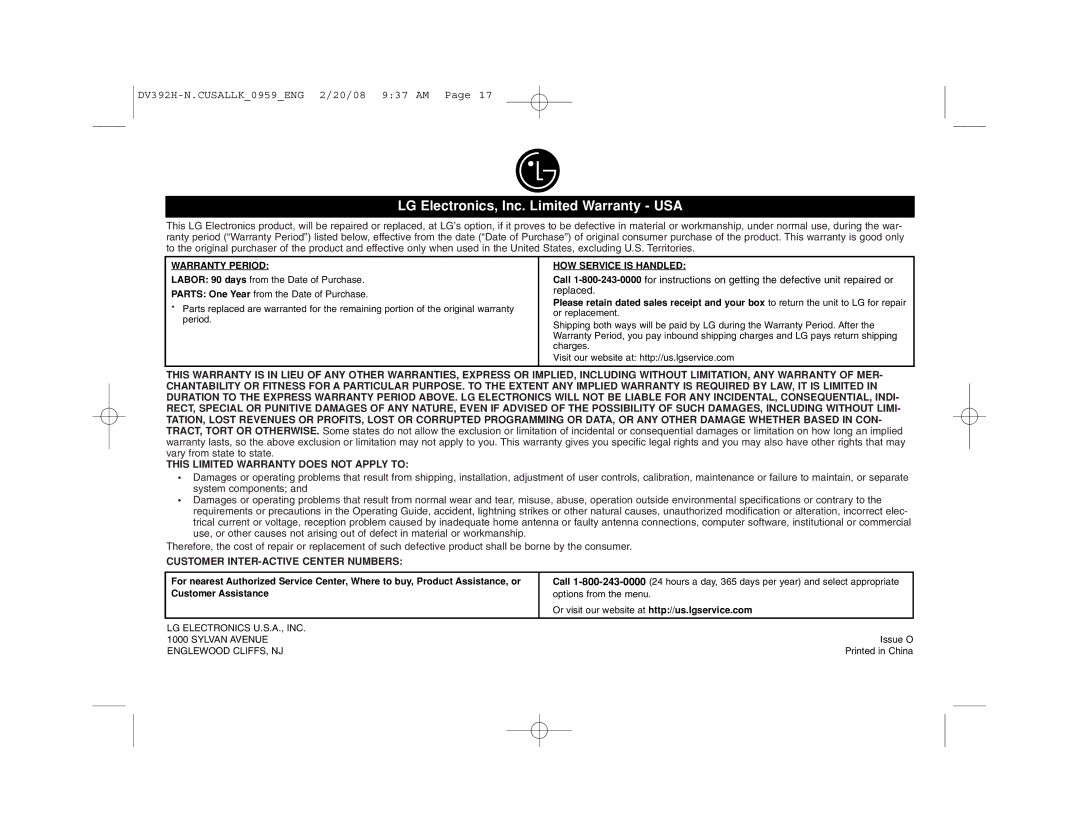 LG Electronics DN898 manual LG Electronics, Inc. Limited Warranty USA 