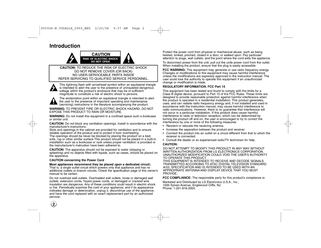 LG Electronics DN898 manual Introduction, Regulatory Information FCC Part 