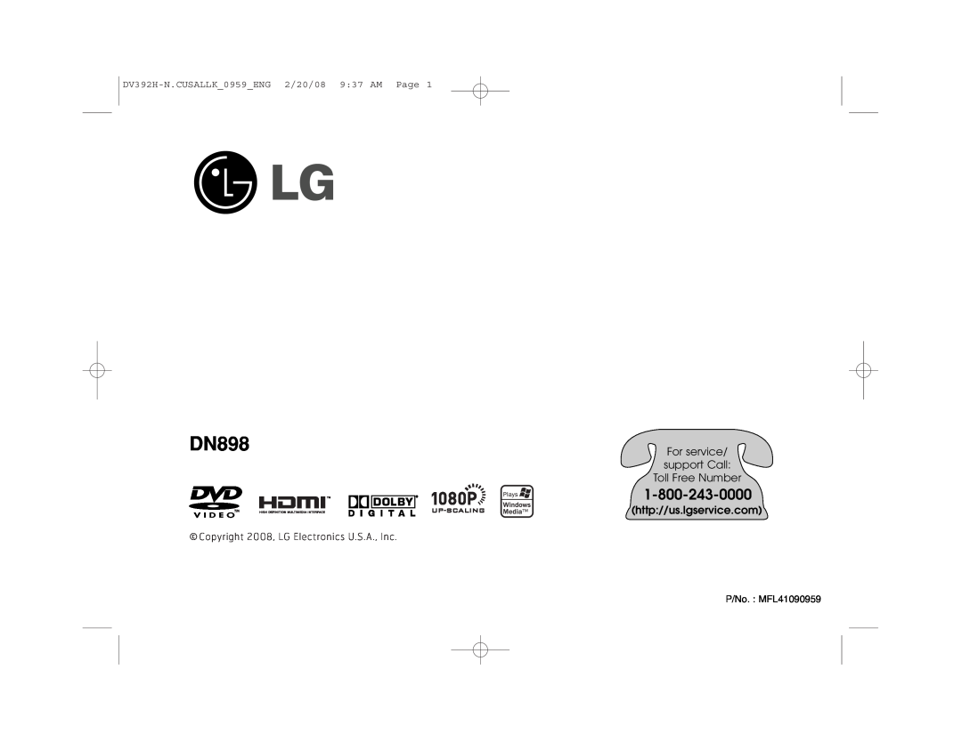 LG Electronics DN898 manual DV392H-N.CUSALLK0959ENG 2/20/08 937 AM Page, P/No. MFL41090959, http//us.lgservice.com 