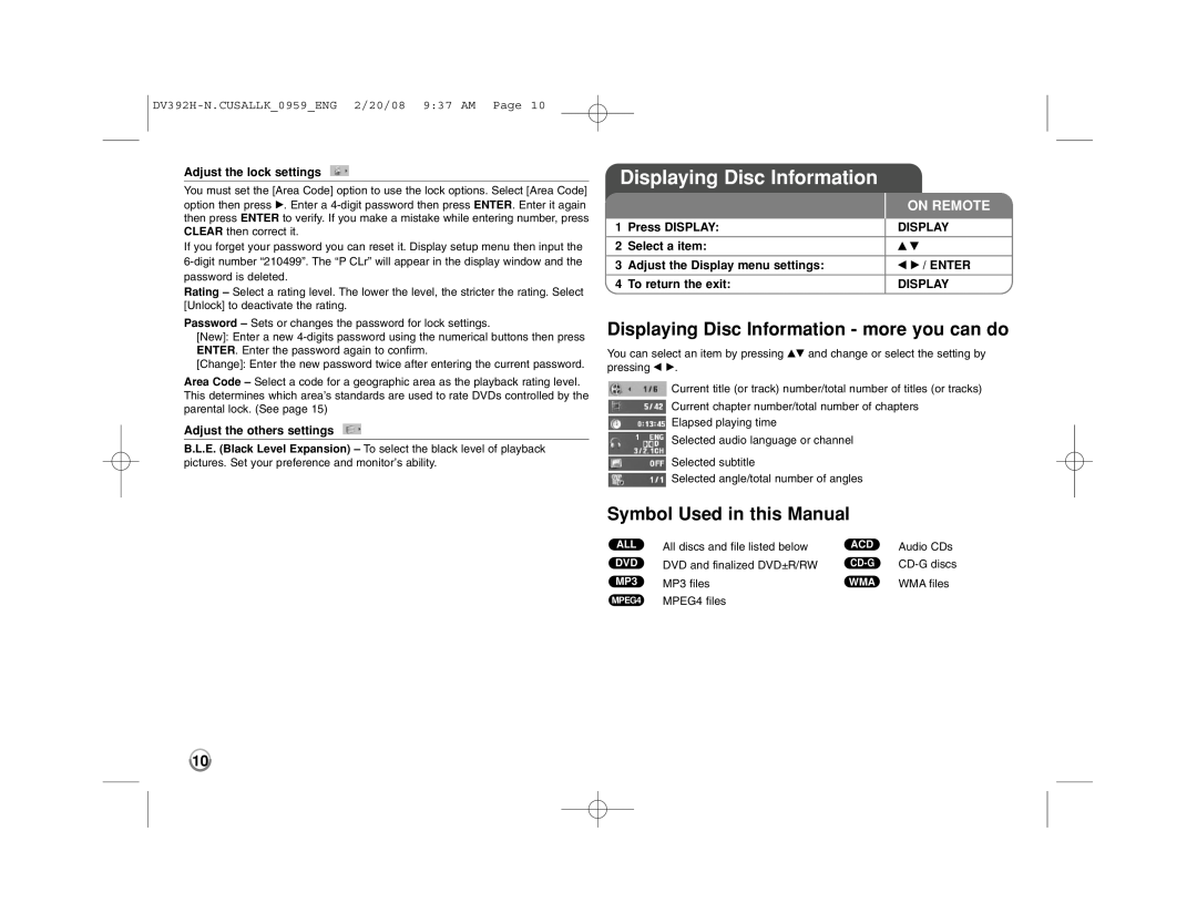 LG Electronics DN898 manual Displaying Disc Information - more you can do, Symbol Used in this Manual, On Remote 