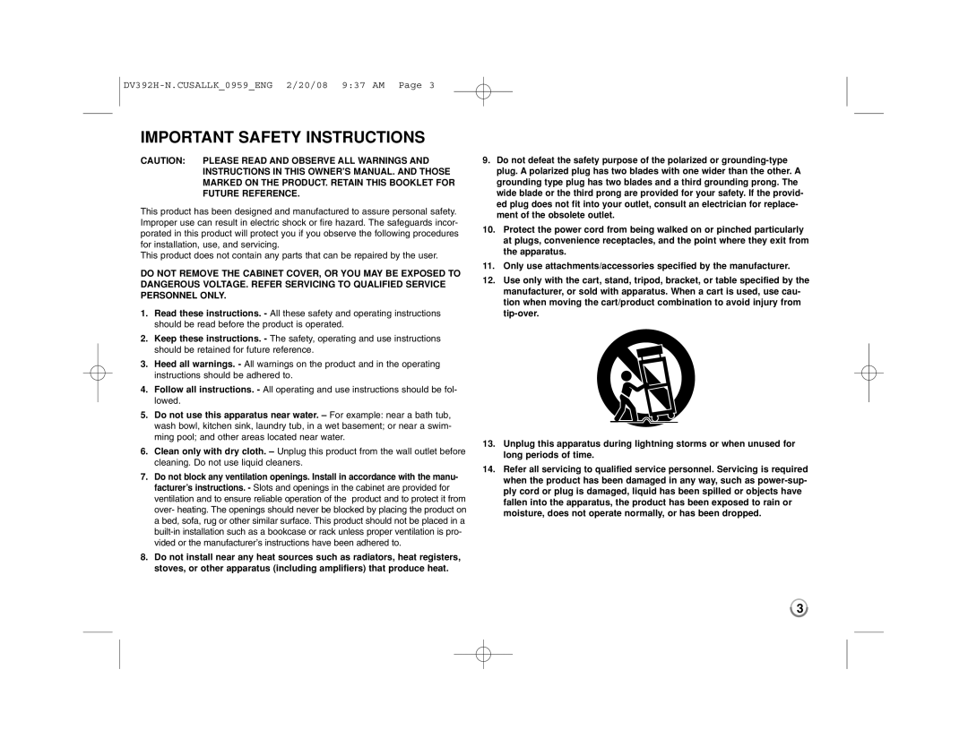 LG Electronics DN898 manual Important Safety Instructions, DV392H-N.CUSALLK0959ENG 2/20/08 937 AM Page 