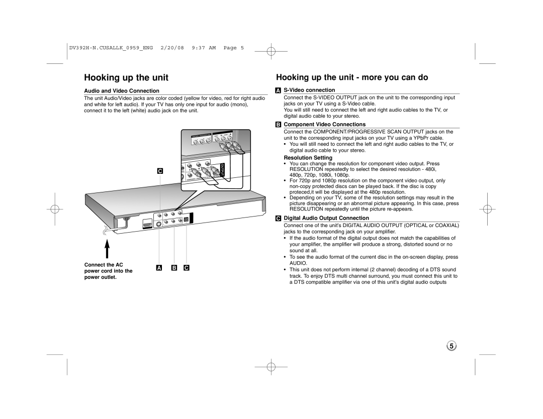 LG Electronics DN898 manual Hooking up the unit - more you can do, DV392H-N.CUSALLK0959ENG 2/20/08 937 AM Page, C A B C 