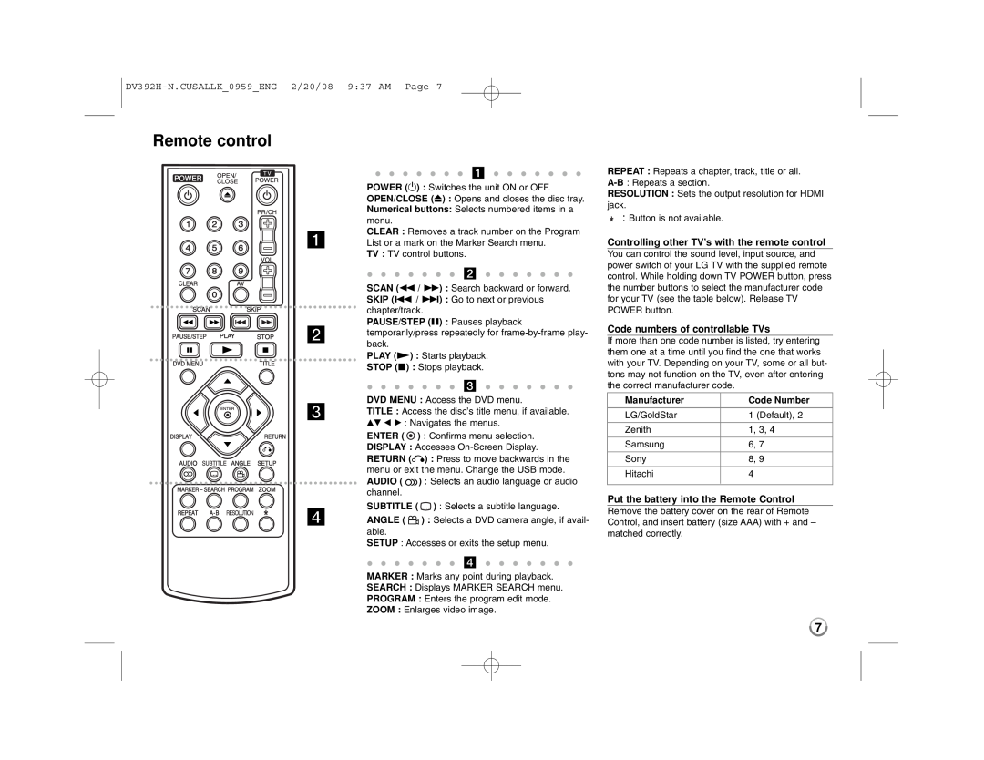 LG Electronics DN898 Remote control, DV392H-N.CUSALLK0959ENG 2/20/08 937 AM Page, PAUSE/STEP X Pauses playback, Subtitle 