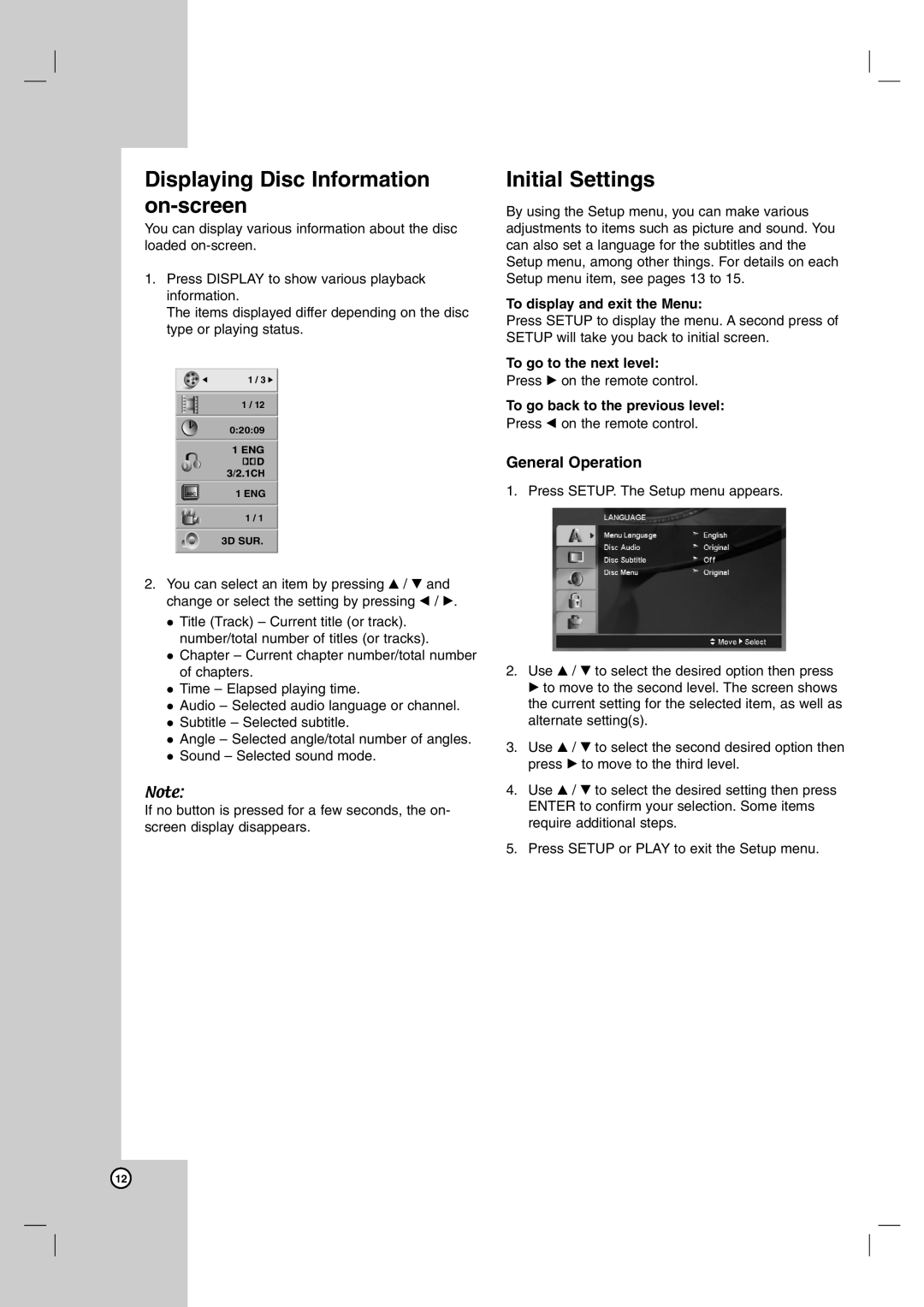 LG Electronics DNX190UH, DNX190MH Displaying Disc Information on-screen, Initial Settings, To display and exit the Menu 