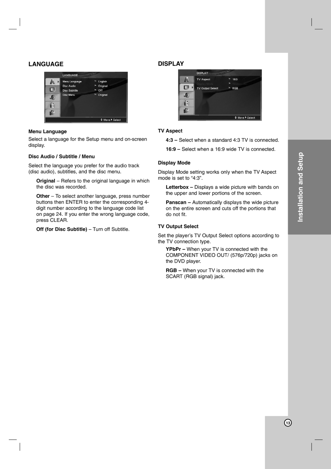 LG Electronics DNX190MH Menu Language, Disc Audio / Subtitle / Menu, Off for Disc Subtitle Turn off Subtitle TV Aspect 