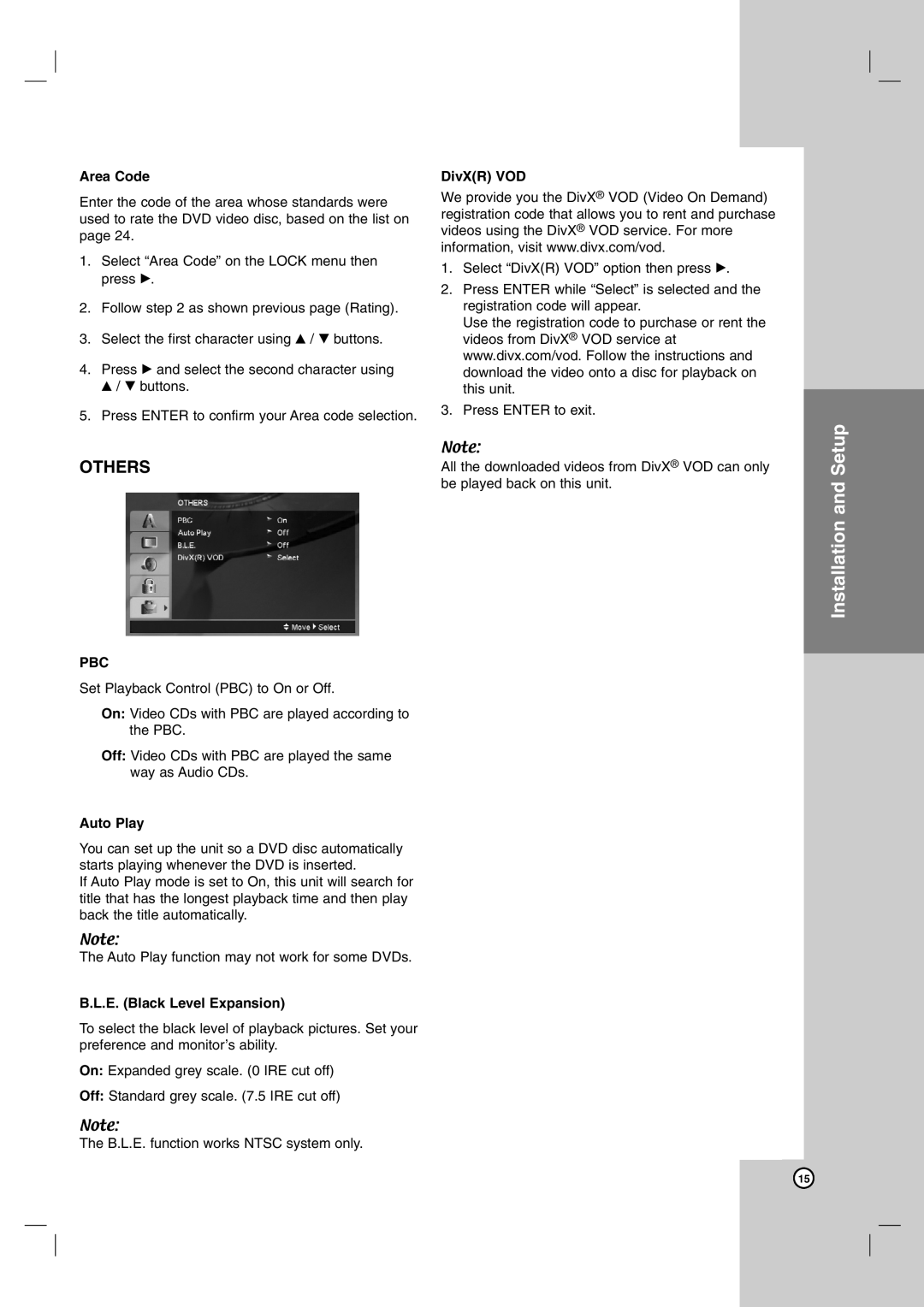 LG Electronics DNX190MH, DNX190UH owner manual Area Code, Auto Play, E. Black Level Expansion, DivXR VOD 