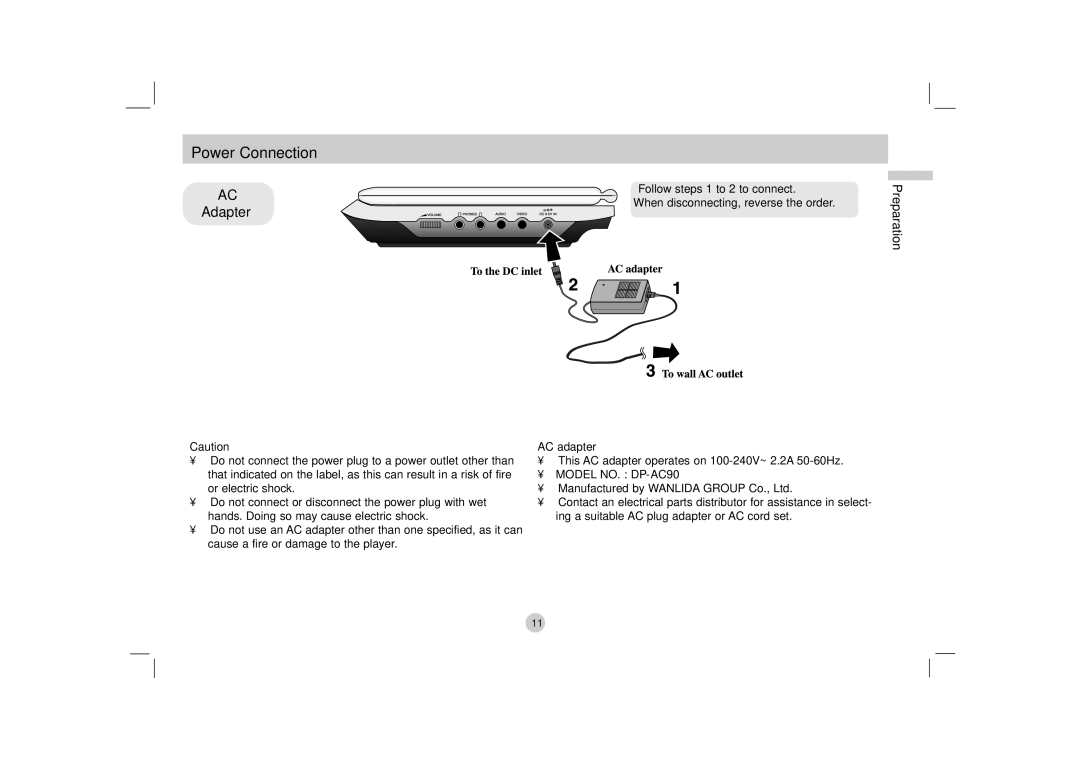 LG Electronics DP170 owner manual Power Connection, Adapter, Follow steps 1 to 2 to connect, AC adapter 