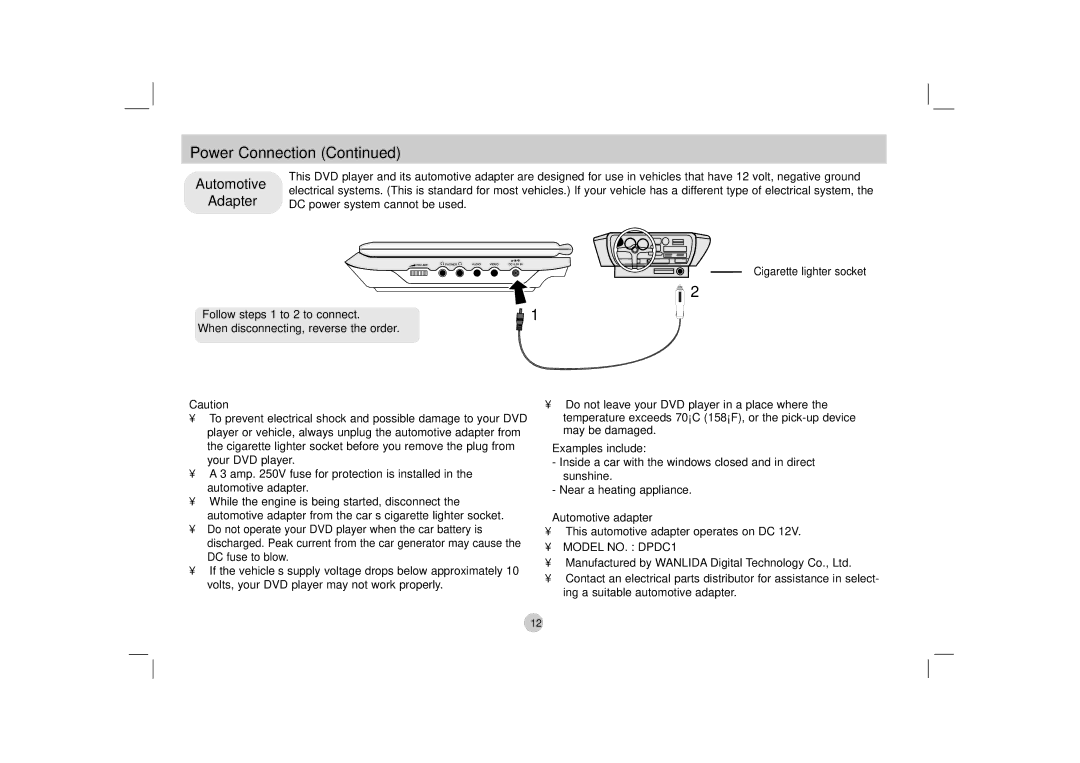 LG Electronics DP170 owner manual Automotive Adapter, Automotive adapter 